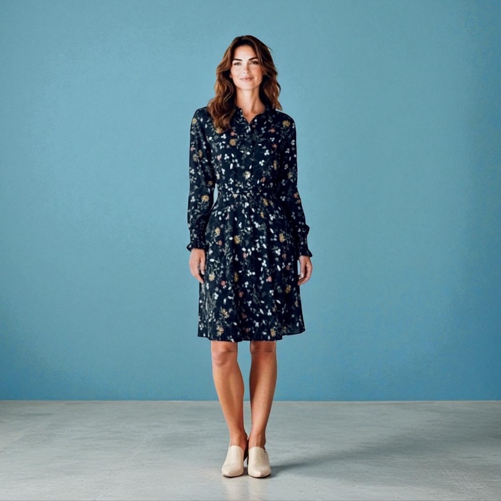 J. Jill Blue Floral Shirt Dress button front navy cream green collared modest M